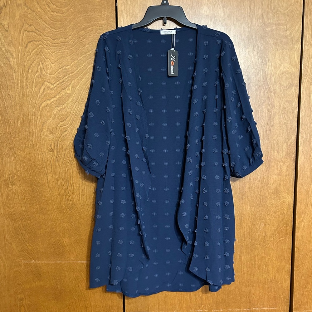 NWT Swiss dot mid sleeve sheer blue long open front cardigan cover up size M